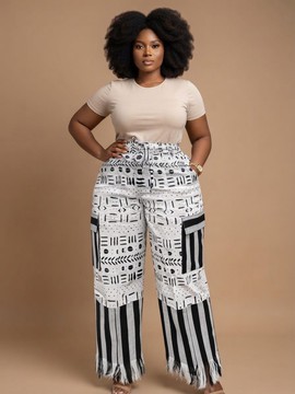 Chic Mudcloth-Inspired Print Cargo Trousers with Fringe Detail