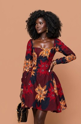 African Print Mini Dress for Women Long Sleeve Floral Ankara Skater Dress Elegant Short Party Outfit