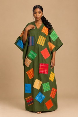 Olive Green African Kaftan Gown with Multicolour Patchwork Details