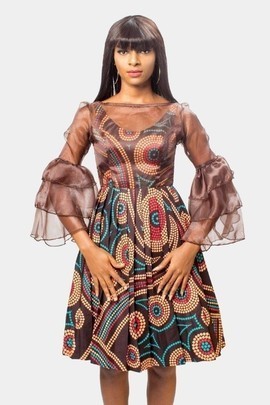 African Print Ankara and Organza Sleeved Dress, African Print Dress,