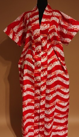 bold red and white wave-patterned kimono dress for a striking look