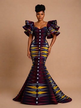 Stunning Ankara Print Mermaid Gown with Dramatic Ruffled Sleeves