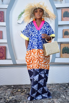 Robe africaine Adire Batik Boubou Kaftan Maxi (bleu/orange/noir)