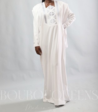 African Boubou Dress for Women "Keinya" White in Glazed Linen — With Scarf