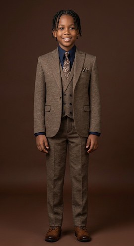 Ensemble de costume en tweed 3 pièces pour garçon – Blazer marron texturé, gilet et pantalon | Tenue de cérémonie pour enfant