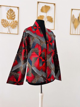 Kimono en wax avec ceinture rouge