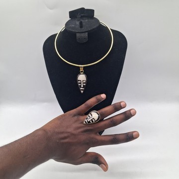 Handmade Brass Choker &amp; Tribal Mask Bone Pendant, African Maasai Mask Ring Set