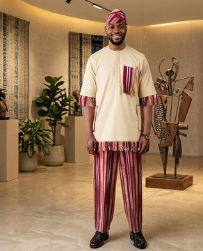 Cream with Burgundy Two-Piece Kaftan &amp; Trousers &amp; Cap  - Wedding/ceremony