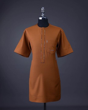 A Tawny brown, Front flap, patch pocket, short sleeve details African senator kaftan native.