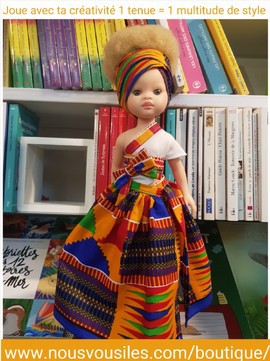 Zury Colibri Dolls doll (albino) - KENTE ORANGE AND BLUE - adjustable dress