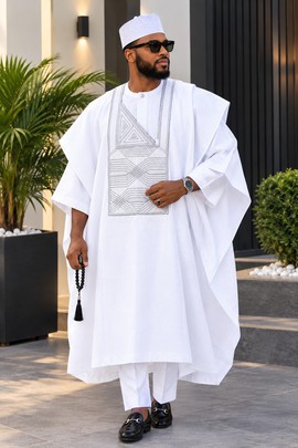 Men's White &amp; Silver Agbada Set – Three Piece Embroidered Nigerian Traditional Attire with Cap