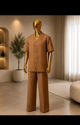 Ensemble traditionnel pour homme brodé, marron camel à col en V – haut et pantalon deux pièces