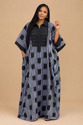 Robe caftan boubou ample longue de luxe pour femme, imprimé africain noir et blanc