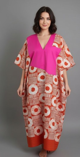 Vibrant Coral and Pink Printed Kaftan