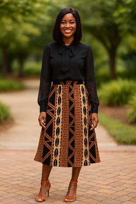 Tribal Skirt Flare | Abstract Cowrie Print Midi Length Brown