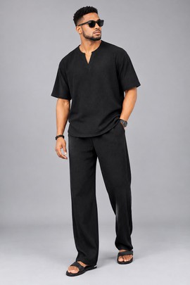 Ensemble décontracté deux pièces noir pour homme – Chemise à manches courtes avec col à revers cranté et pantalon ample