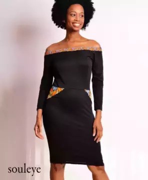 Off-The-Shoulder Black Bodycon Midi Dress with Ankara Accents