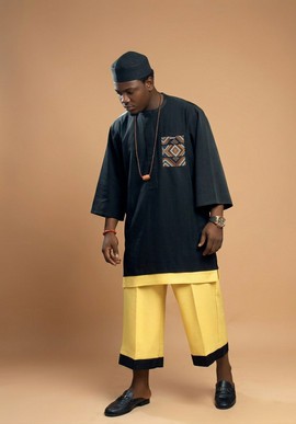 Modern Two-Tone Senator Set with Geometric Accent- Kaftan &amp; Trousers Two-Piece Set