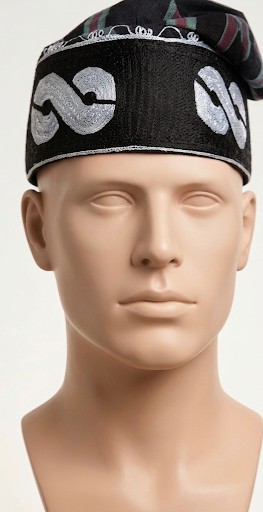 Men's African Embroidered Kufi Cap — Black Fabric with Silver Metallic Snake Pattern &amp; Striped Crown