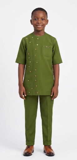 Boys' 2-Piece Senator Set – Olive Green African Traditional Outfit | Kids Kaftan Top &amp; Trouser Set