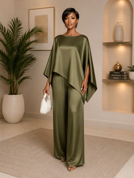 Women's Olive Green Satin Cape Top &amp; Wide Leg Trouser Set
