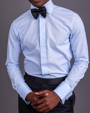 A Sky Blue, Covered Button, Paisley Print Tuxedo Shirt