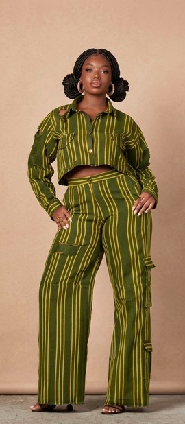 Women’s African Print Two-Piece Set – Green Striped Crop Jacket &amp; Wide-Leg Cargo Pants Outfit