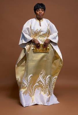 Luxury Gold &amp; Ivory Kaftan – Elegant African Boubou with Regal Embroidery