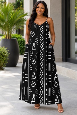 Robe longue élégante à col en V en tissu mudcloth tribal pour femme avec poches | Robe longue tribale africaine