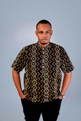 Men’s Black African Print Shirt – Ankara Mandarin Collar Short Sleeve Shirt