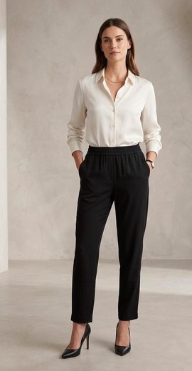 Pantalon droit noir en coton – Taille élastique et poches