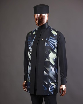A charcoal black long sleeve kaftan, 3D printed kimono jacket, hat and sokoto African kaftan native.