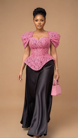 Pink Lace Peplum Top and Black Silk Maxi Pant Set