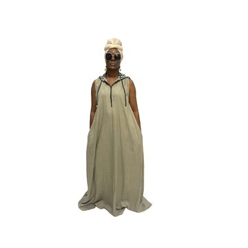 Gray Linen Maxi Hoodie Dress, Sleeveless Long Hoodie Gown