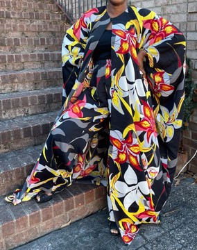 Two Piece Black Multicolor Sheer Chiffon Maxi Cardigan Kimono With Pants Set