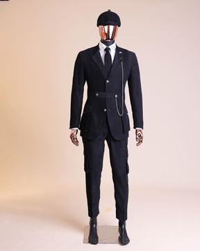A “Combat” charcoal black corduroy, 3 button safari suit, combat pant trouser &amp; Hat