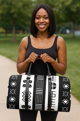 African Travel Bag Leather Mud Cloth Stripe Pattern