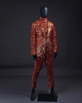 The “Young &amp; Restless” fire orange peak lapel sequin suit, matching turtle neck &amp; black pant