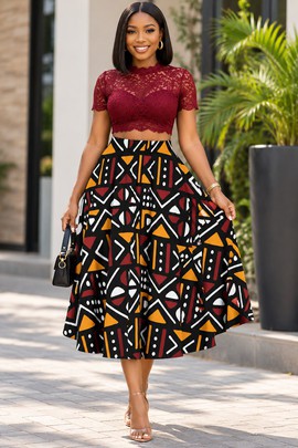 African Geometric Tribal Women's Midi Skirt With Pockets | Tribal Print Midi Skirt | Bynelo