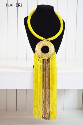 African beaded yellow necklace | African Jewelry | Romantic tribal fringe neck piece | Gift for her