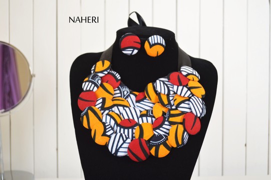 African fabric buttons necklace with matching earrings