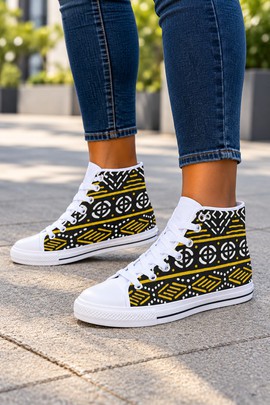 Colourful Mudcloth Women's Classic High Top Canvas Shoes | Colourful African Print Sneakers