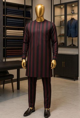 Ensemble de kaftan rayé bordeaux et noir pour homme – Tunique à manches longues avec pantalon assorti