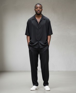 Men’s Relaxed-Fit Two-Piece Set – Black Button-Down Shirt &amp; Straight-Leg Pants | Custom Tailored