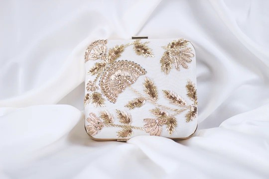 Cream Beaded Clutch with Gold Fan Detail