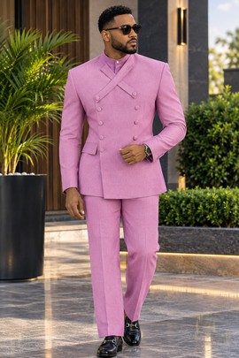 Costume formel deux pièces rose pour homme, à col officier et fermeture croisée à double boutonnage – coupe ajustée avec patte de boutonnage croisée