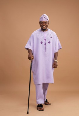 Lilac Embroidered Agbada &amp; Trousers Two-Piece with Matching Cap