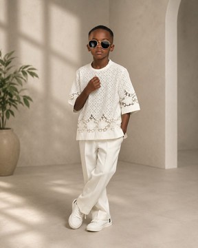 Boys White Crochet Lace T-Shirt &amp; Trouser Set – Scalloped Hem Kids Outfit | Boys Smart Casual Wear