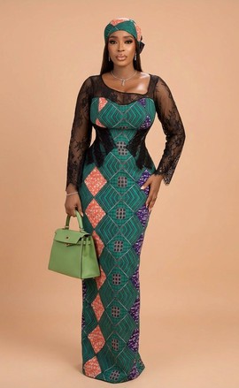 Elegant African Maxi Dress with Lace Sleeves Print Bodycon Gown with Headwrap