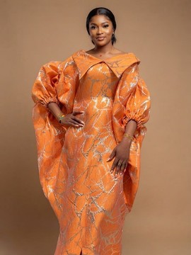 Vibrant Orange Brocade and Metallic Marble Print Flowing Maxi Kaftan Dress